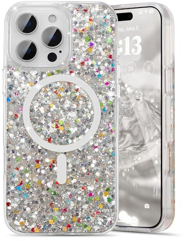 UEEBAI Glitter Case Magnetic for iPhone 15 Pro Case, Luxury Shiny Bling Sparkly Phone Case Compatible with MagSafe, Wireless Charge Crystal Diamonds Shiny Cover for Women - Silver | Compatible with MagSafe, Wireless Charge, Luxury Shiny Bling Sparkly Cute Girl Design, Crystal Diamonds for women