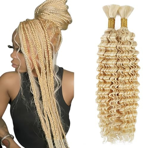 Tuheerst Boho Braids Human Hair Extension 34 34 Inch #613 Bleach Blonde Color Natural Color No Shedding Deep Wave Human Hair Braiding 50g/Bundle Total 100g