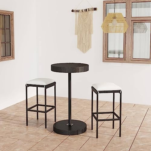 Hoopleep 3-TLG. Gartenbar-Set mit Kissen, Poly Rattan Schwarz, Outdoor Esszimmer Möbel für Terrasse, Bartisch und Stühle für entspannte Abende