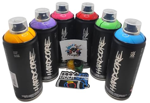 Hardcore Lot de 6 bombes de peinture en aérosol professionnelles de 400 ml, couleurs brillantes (vert, jaune, bleu ciel, fuchsia, rouge, violet) avec 3 buses de rechange + 1 autocollants MTN