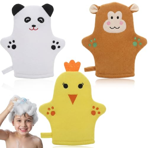 Pack de 3 Muselinas Bebé Algodón, Toallas Bebé Suaves para Recién Nacido, Gasas para Bebés de Cara y Cuerpo, Diseño Animado de Oso, Mono y Pollito, Toallitas de Baño Infantiles Multifunción
