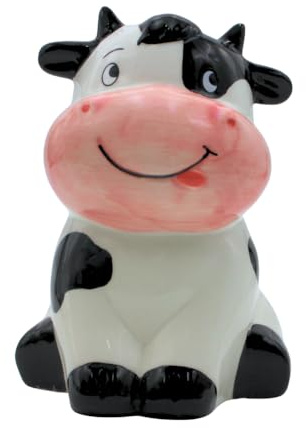 Sparfigur, Spartier, Spardose, Sparbüchse, Kinderspardose, Sparfigur, Sparschwein als Kuh, Sparkuh, Sparschwein, Dekokuh mit Sparfunktion aus Keramik in schwarz-weiß, L/B/H 11 x 12 x 16 cm.