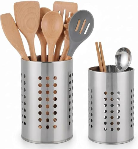 Dexpally 2 Pezzi Porta Mestoli da Cucina Porta Posate Cucina Scola Posate da Cucina Porta Utensili da Cucina in Acciaio Inox per Appoggio Tavolo Bacchette Coltelli Forchette