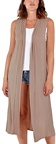 STAR FASHION Woman’s Open Front Sleeveless Maxi Long Length Boyfriend Cardigan Ladies Plain Blazer Waistcoat Floaty Top Duster Jacket UK 12-14 Mocha