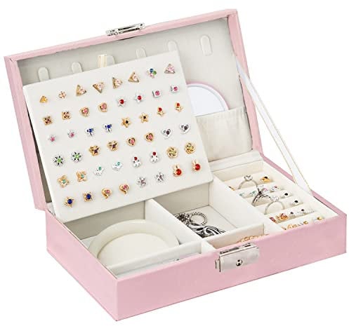 hixyer Travel Jewellery Box Organiser, Portable Small Jewellery Case with Lock for Earrings Necklace Rings Bracelets, Display Storage Holder for Women Girls Kids Wife Gift Pink