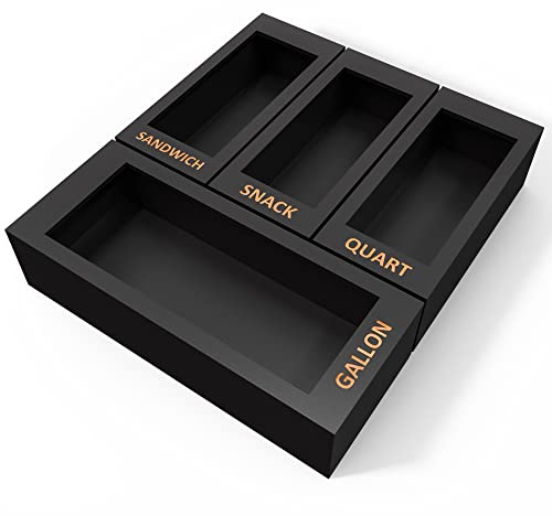 Organizer in bambù con chiusura lampo per cassetti da cucina, 4 sacchetti portaoggetti separati per alimenti, 30,5 x 35,6 cm, per tutte le marche galloni, snack, sandwich e quart, nero