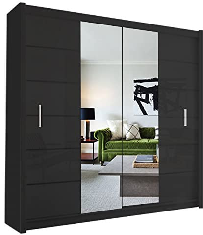 Modern Double Sliding Door Wardrobe 2 Mirrored Hanging Rails & Shelves Storage Cabinet for Bedroom (180cm, Lisbon Black)