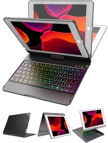 MMK iPad Keyboard Case for 6th Gen 2018, 5th Gen 2017, Pro 9.7, iPad Air 2, iPad Air 1, Backlit 10 Color 360 Screen Rotation iPad Case with Keyboard, Auto Sleep/Wake - Black