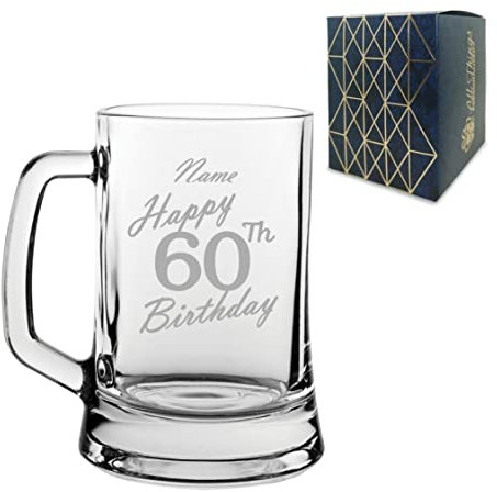 Personalised Engraved Tankard Beer Mug Stein Happy 60th Birthday Handwritten Design Gift Boxed, 16.75oz/495ml Classic Beer Glass, Any Name, Engraved in The UK