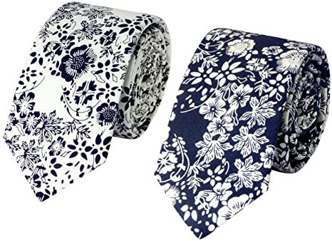 HOULIFE Herren Blumen Krawatten - Dünne Herrenkrawatte, Skinny Herren Krawatte Schmale Krawatte 6cm, Baumwoll Krawatten für den Täglichen Gebrauch In der Hochzeit, Party (Weiß & Blau gemischt, 2Stk)