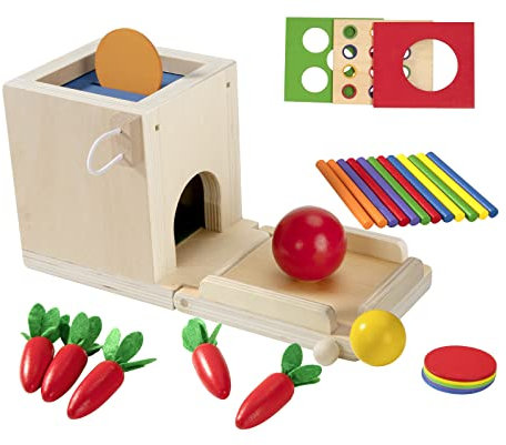 Montessori Object Boîte Permanente 4 en 1, Jouets Educatifs en Bois, Boules de Carottes Colorées, Pièces de Monnaie, Classification des Jouets, Cadeaux d'Anniversaire 36 Mois et plus Garçons et Filles