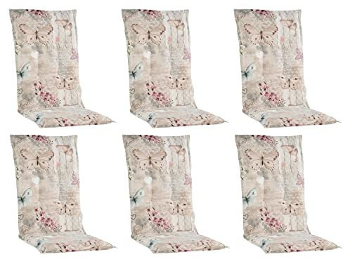 Home4You Gartenstuhlauflagen Hochlehner 6er Set - 120 x 50 cm - Beige - Baumwolle - Polyester - Schmetterlingsmotiv - Sesselauflage Sitzpolster Stuhlauflage