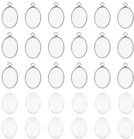 UNICRAFTALE 20 Sets Oval Cabochon Pendant 304 Stainless Steel Blank Dome Bezel Charms Trays Settings with Oval Glass Cabochons Bezel Blanks Tray for Photo Pendant Craft Jewelry Making