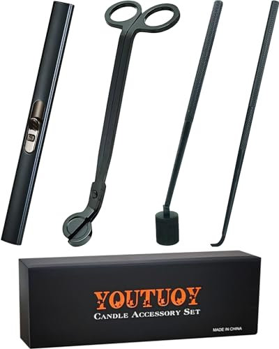YOUTUOY 4 in1 Candle Accessory Set with Rechargeable Candle Lighter, Candle Wick Trimmer, Candle Wick Snuffer, Candle Wick Dipper, Candle Care Kit (Black)