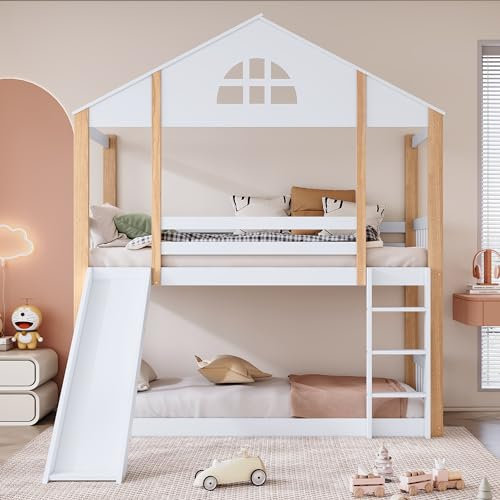 ZYLOYAL10 Kinderbett Baumhaus mit Speicherung und Rausfallschutz 90 x 200 cm, Hochbett für Kinder– 2X Lattenrost (Natur & Weiß - G)