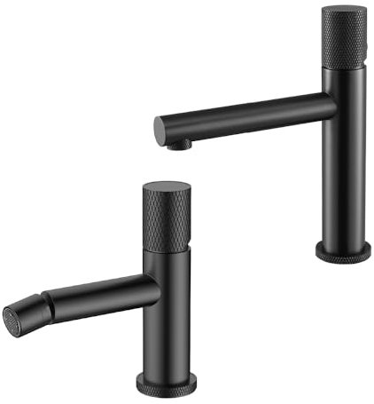 Set miscelatori lavabo e bidet nero opaco zigrinato in acciaio inox, manopola rotante e indicatori per l’acqua, GEMINI