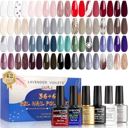 Lavender Violets 42 Pcs UV Nail Polish Set with Glow in the Dark/Matte/Diamond Gel Top Coat Builder Base No Wipe Shellac White Nude Sliver Red UV Gel Nail Polish Set Pastel C958