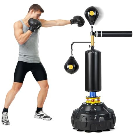 GYMAX Box Speed Trainer, höhenverstellbarer Standboxsack mit 2 Reflexbällen & 360°-Drehstange, Sand/Wasser befüllbar, Boxsack Stehend Erwachsene&Jugendliche mit Saugfuß für Muay Thai, MMA