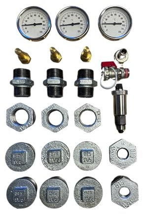 Pufferspeicher Anschlussset 4, 3 Steckthermometer 0-120°C, Entlüftungsventil, KFE-Hahn, Verzinkte Stopfen und Reduzierungen