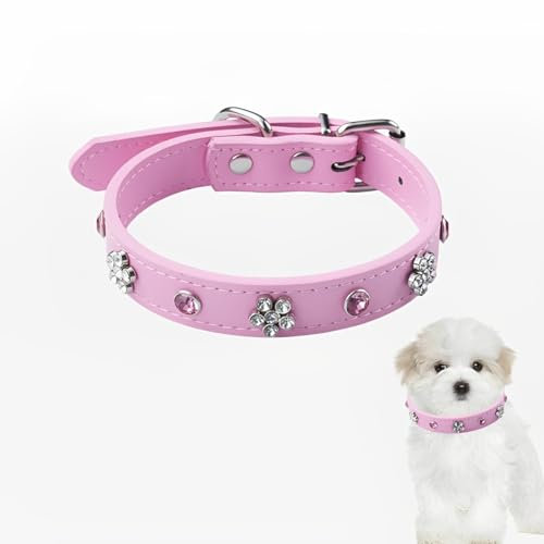 MSLSOZ Collare per cani di piccola taglia con cristalli scintillanti, collare per cuccioli rosa, grazioso collare per animali domestici con anello a D e piccolo ciondolo, clip in metallo regolabile