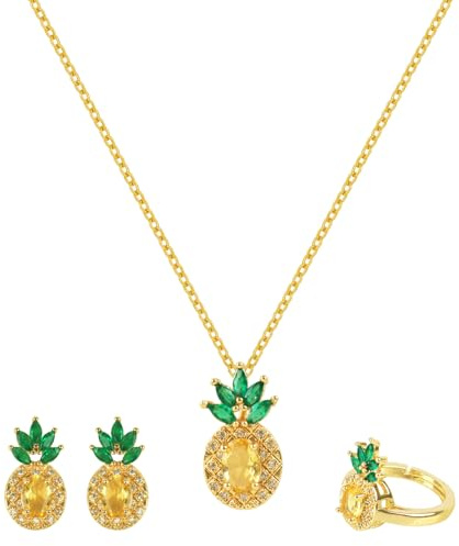 LjFrexia Ananas Schmuckset für Frauen, 3-teiliges Set mit Halskette, Ohrsteckern und Ring, Süßer tropischer Sommerschmuck, Geschenk für Frauen und Mädchen