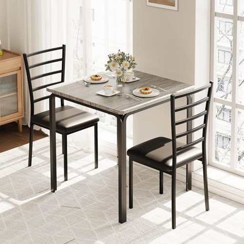 Niwugady 3-Teilige Essgruppe Esstisch mit 2 Gepolsterten Stühlen, Küchentisch-Set, Quadratischer Esstisch aus Metall und Holz, Platzsparende Esszimmergruppe für Küche & Esszimmer, Grau
