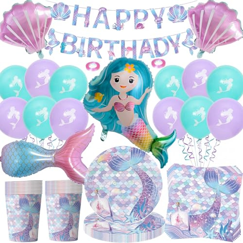 Juego de decoración de cumpleaños de sirena, 80 piezas de vajilla de fiesta con globo grande de sirena, juego de accesorios de fiesta, platos de papel de sirena, vasos, servilletas, pancarta para 20