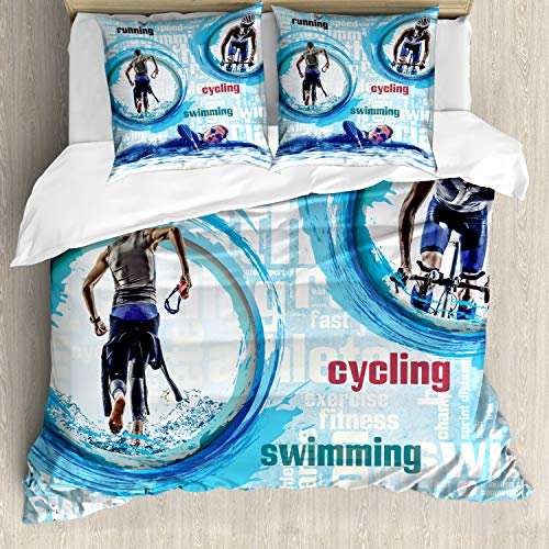 ABAKUHAUS Hundeliebhaber Bettbezugs Set Für Doppelbetten, Radfahren Laufen Schwimmen, Milbensicher Allergiker geeignet mit Kissenbezügen,Himmelblau Mehrfarbig
