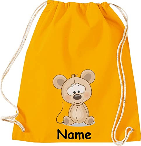 ShirtInStyle Turnbeutel Tiere Maus Mäuschen mit Wunschnamen, Beutel Tasche Hort Kita, Farbe Mustard
