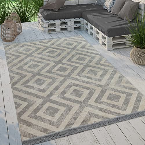 Paco Home Moderner Outdoor Teppich Geometrisches Rauten-Muster im Vintage-Look Flachgewebe Wetterfest & Pflegeleicht für Garten, Terrasse & Balkon, Grösse:240x340 cm, Farbe:Grau-Weiß