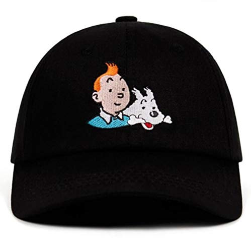AJSJ 100% Baumwolle Tim Und Struppi Papa Gestickte Baseballkappe Custom Strap Back Unisex Verstellbare Aventures De Tintin Hüte, Schwarz