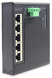 DIGITUS Commutateur réseau Plat - Gigabit Ethernet 5 Ports - Montage sur Rail DIN - Bornier - sans Ventilateur - Noir