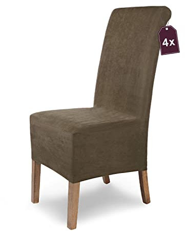 SCHEFFLER-Home Stuhlhussen 4er Set Leon Taupe-Braun/elastische Wildleder Hussen für Stühle/Robustes Freischwinger Hussen Set/Stuhlhussen Stretch & Lederoptik/Stuhl Hussen waschbar
