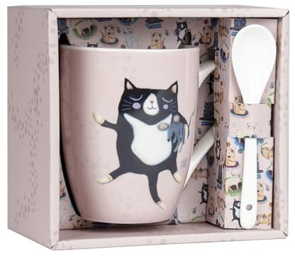Enesco, Taza con dibujo de gato y cucharita, Crazy Cat