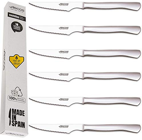 Arcos Juego Cuchillos Carne | 6 Piezas | Cuchillo chuleteros | Hoja 110 mm | monoblock | Cuchillo en 1 Sola Pieza | Cuchillos Carne Cubiertos Acero Inoxidable | Caja Envase Ecológico (Sierra Laser)