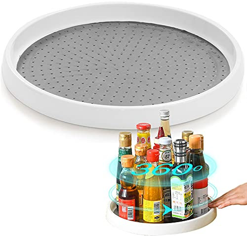 Skupro Lazy Susan Turntable Cupboard Organizer, Rotating Spice Rack for Kitchen Storage & Organisation, Non-Slip Condiment Holder, White Plastic Storage Tray Organiser for Kitchen and Pantry