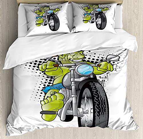 ABAKUHAUS Motorrad Bettbezug Set für Einzelbetten, Wild and Dangerous Troll, Milbensicher Allergiker geeignet mit Kissenbezug, 230 x 220 cm - 70 x 50 cm, Koksgraue und Grün
