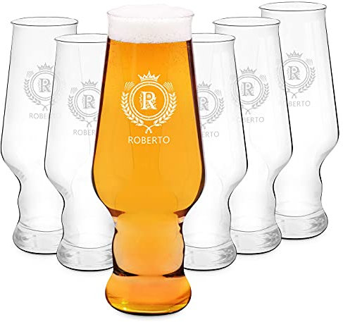 Maverton set Bicchieri per la Birra x6 - particolari - in vetro con personalizzazione - capienza 400 ml - H20 cm x Ø7,8 cm - Perfetti per ogni uomo amante della buona Birra - grano