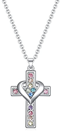 SUMFAN Cross Necklace for Girls Women,Small Cubic Zirconia Tiny Cross Pendant Necklace Baptism Gifts for Girl,First Communion Gifts,Christening Gift for Girls Women (Heart Cross Necklace)