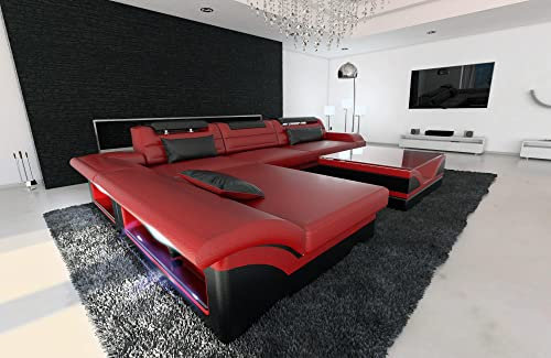 Ecksofa Monza L Form Ledersofa Sofa - mit LED Beleuchtung, verstellbare Kopfstützen, Recamiere/Lederfarben wählbar/Ausrichtung wählbar (Ottomane Links, Rot-Schwarz)