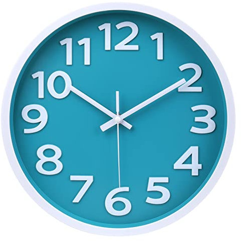 Crosstime Teal Wall Clock 30cm Silent Non-ticking Big 3D Numbers Easy to Read, Analog Quartz Round Turquoise Clock for Kitchen Bedroom Home Wall Decor,12 Inch