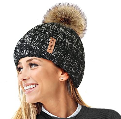 TOSKATOK® Femmes Hiver Rib Bonnet/Beanie avec Chunky détachable en Fausse Fourrure Bobble Pom Pom-Taille Unique-Noir/Gris