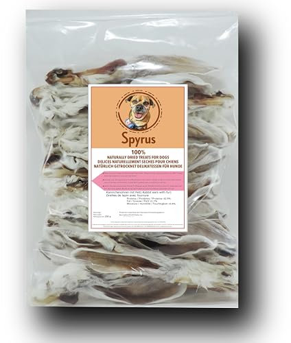 Spyrus Hasenohren mit Fell Hunde Snack,Kaninchenohren,Naturprodukt für Hunde,Reich an Vitaminen & Mineralien|Snack für zwischendurch(200g)