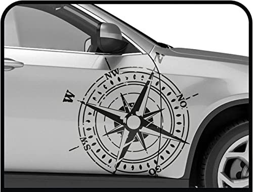 Kit 2 Aufkleber Windrose Distressed für Autos, Lieferwagen und Transporter, selbstklebende Grafiken für Auto, Wohnmobil, Wohnwagen, Van, Kleinbus (SCHWARZ)