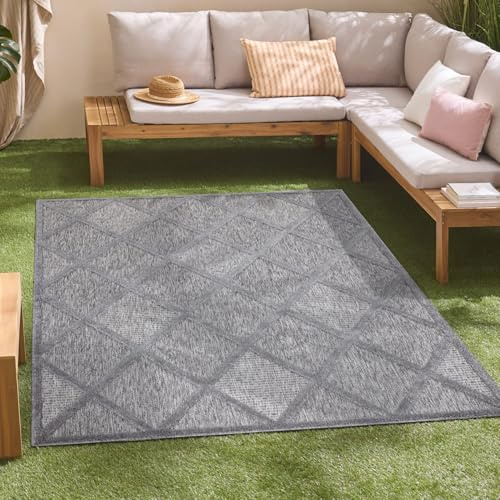 carpet city In-& Outdoor Teppich - 240x340 cm - für Innen-& Außenbereich - Wetterfest Balkon-Teppich, Terrasse, Flur, Küche - Wohnzimmer-Teppiche - Hochtief/ 3D-Effekt - Raute-Optik in Anthrazit