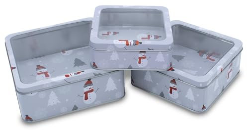Metall Gebäckdose mit Sichtfenster 3er Set eckig - 21/17 / 15 cm - Weihnachts Plätzchen Vorratsdose mit Schneemann Motiv - Keksdose Plätzchendose Aufbewahrung Geschenkbox