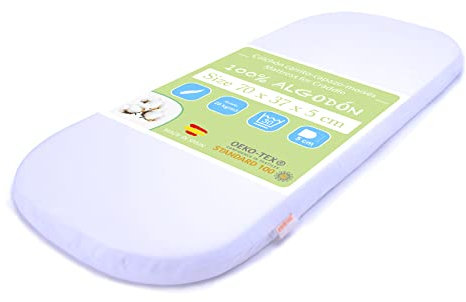 PEKITAS Stubenwagenmatratze 70 x 37 cm Höhe 5 cm Matratze Sleepy für Stubenkorb Stubenwagen Ovale Form -Bezug 100% Baumwolle - Weiß