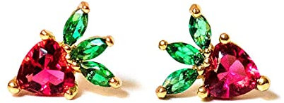 Goldene Ohrringe Stecker Damen, Boho Ohrringe Hochzeit Ohrstecker Erdbeer Zirkonia mit 925 Silberner Nadel Knorpel Piercing Ohr für Frauen