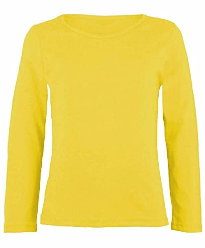 LUXFAB Kids Girls Boys New Plain Long Sleeve Basic Stretch Round Neck T-Shirt School Tee Top Size 2-13 Years Yellow