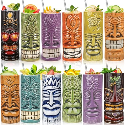 SuproBarware Tiki Mugs - Juego de 12 vasos grandes de cóctel Tiki para fiesta hawaiana, lindos vasos de cóctel exóticos, taza de cerámica hawaiana